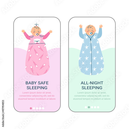 Baby girl and baby boy in sleeping bags. Mobile appllication page design template. Vector hand drawn character illustration.