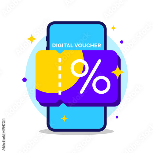 Digital voucher on smartphone screen concept illustration flat design vector eps10. graphic element for infographic, landing page, empty state app or web ui, icon