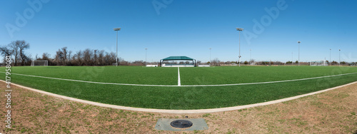 Panorama of a soccer pitch from a low perspective