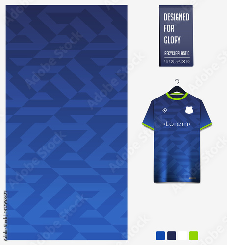 Soccer jersey pattern design. Geometric pattern on blue abstract background for soccer kit, football kit or sports uniform. T-shirt mockup template. Fabric pattern. Sport background. 