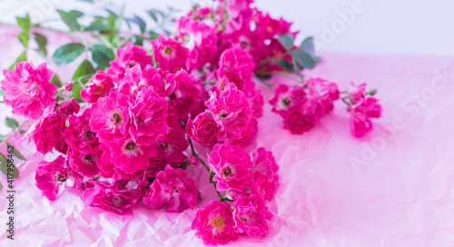 Pink flowers on pastel pink background. Mothers day  Valentines Day  Birthday celebration concept. Greeting card. Copy space for text  top view.Blur