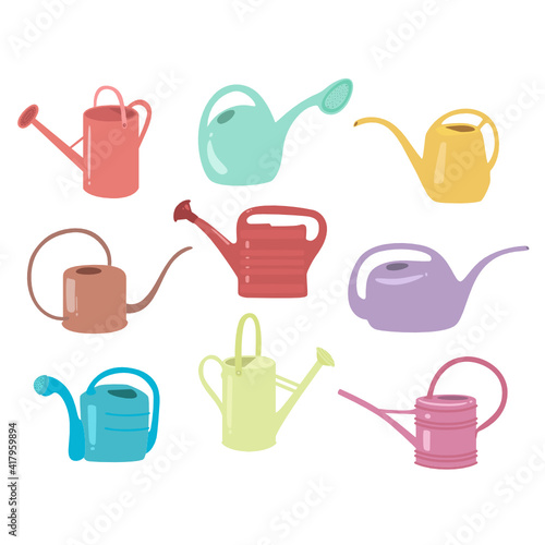 Nine garden watering cans in different colors vector illustration on the white background