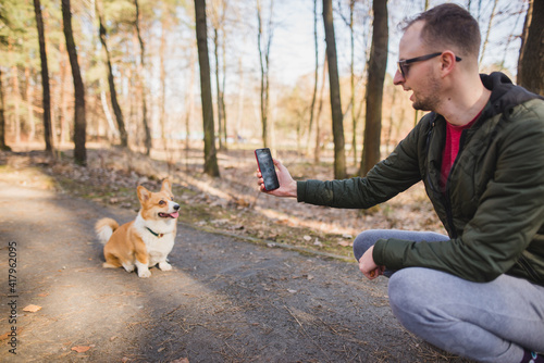 a young handsome caucasian male doing a photo of a welsh corgi pembroke dog doing a trick © Justyna