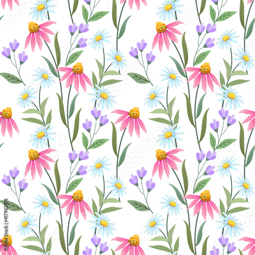 Pink cone flowers seamless pattern on white color background for fabric textile wallpaper.