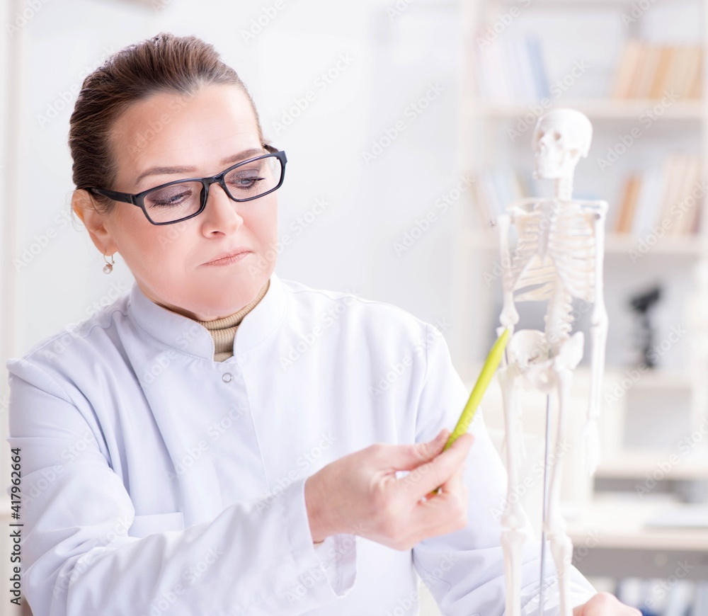 Woman doctor studying human skeleton Woman doctor studying human skeleton