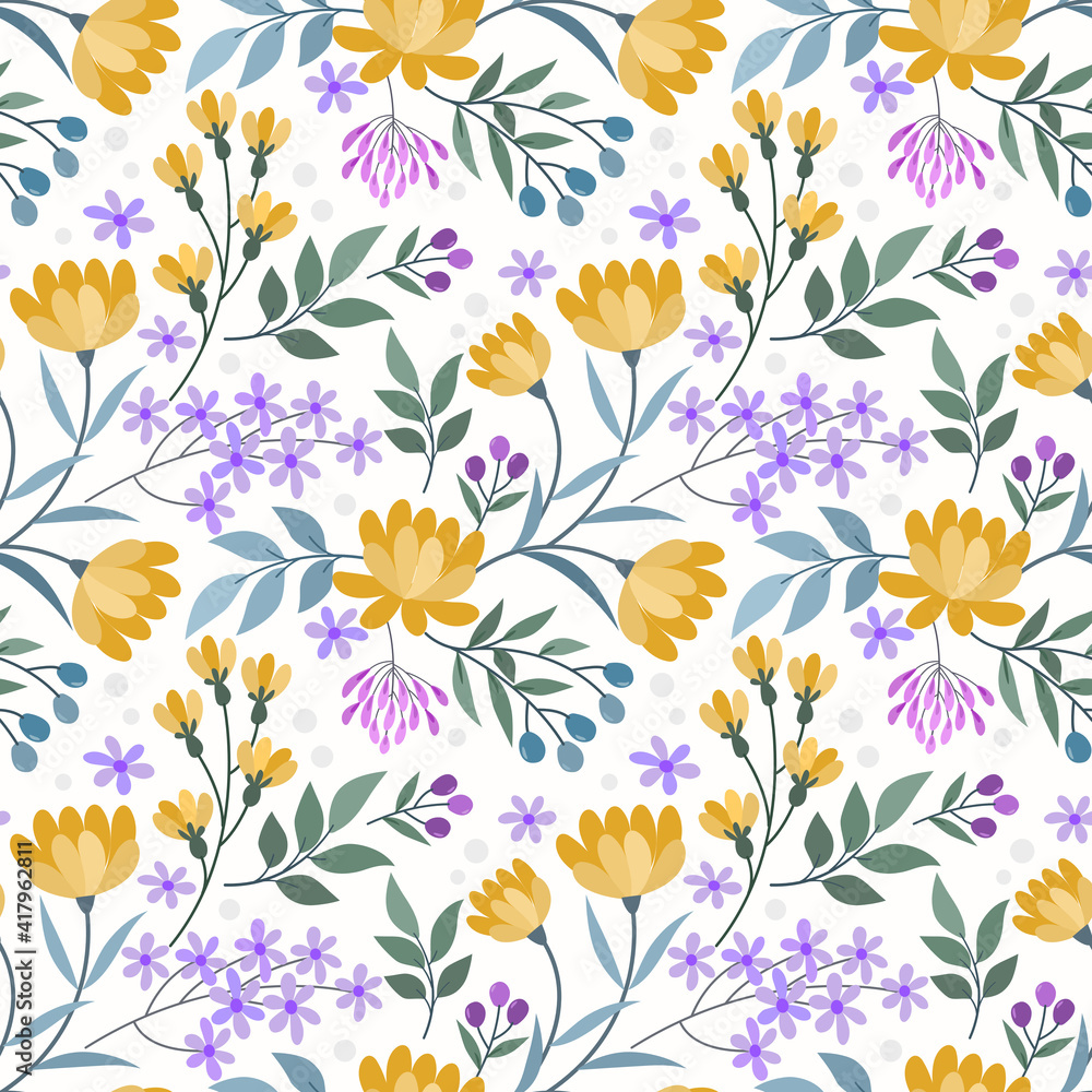 Blooming yellow flowers and small purple flowers seamless pattern on white color background. Blooming yellow flowers and small purple flowers seamless pattern on white color background.