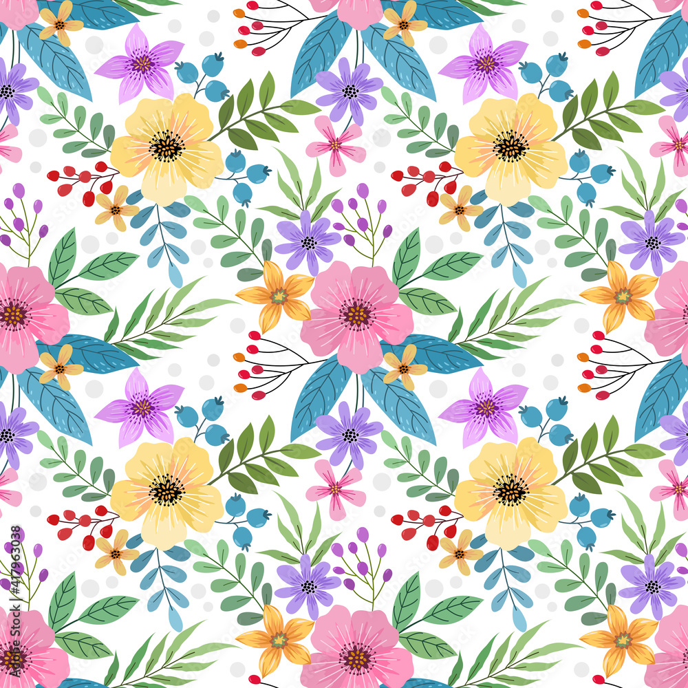 Colorful hand draw flowers seamless pattern on white color background for fabric textile wallpaper.