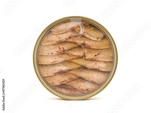 Canned sprats in tin can isolated on white