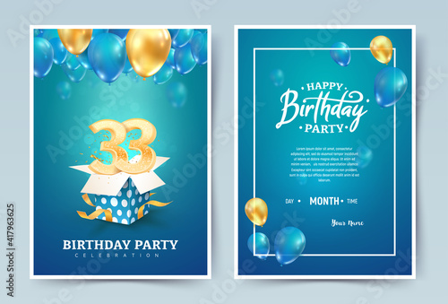 33 rd years birthday vector invitation double card. Thirty three years anniversary celebration brochure. Template of invitational for print on blue background