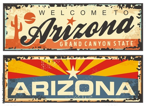 Arizona state retro souvenir sign plate with Arizona flag and creative lettering. Vintage travel plaque  vector USA state symbols. Destination posters greeting card grunge template on old tin rusty te