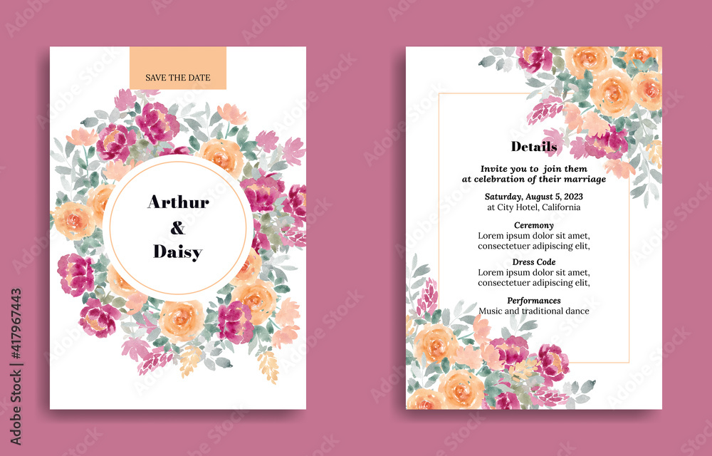 yellow and fuchsia watercolor flower wedding invitation cards set design in premium editable vector
