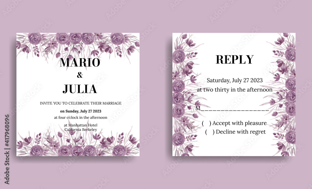 purple watercolor flower wedding invitation in Instagram posts template