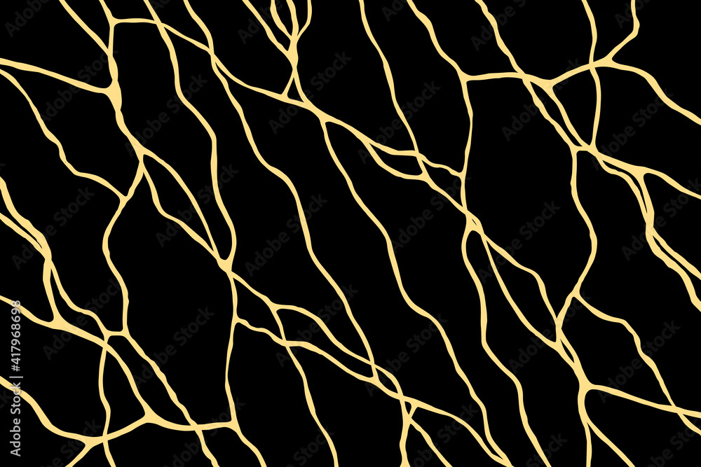 Abstract background with streaks of natural stone. Black marble with wavy gold veins, stock illustration for decor, design, packaging, banner