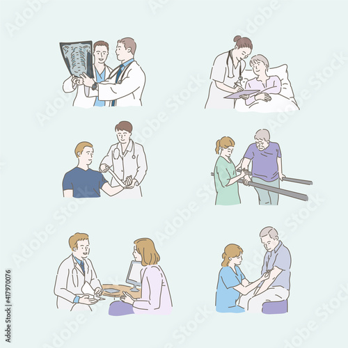 Hospital people. Doctors and nurses are treating patients. Hand-drawn style vector illustration.