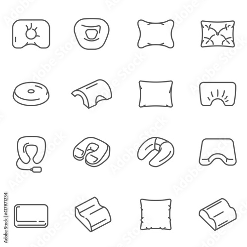 Pillows, cushions different shaped assortment thin line icons set isolated on white.
