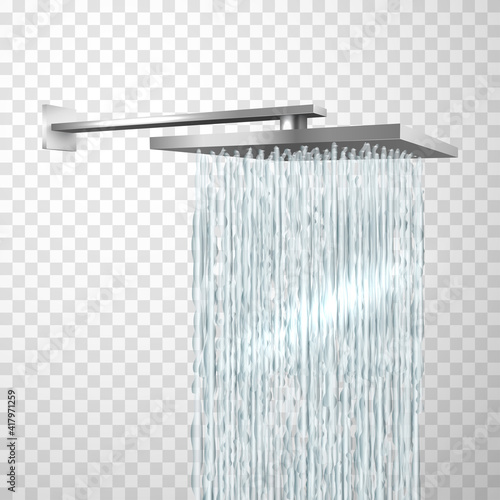 Shower head attached to wall in realistic style. Bathroom metal plumbing fixtures