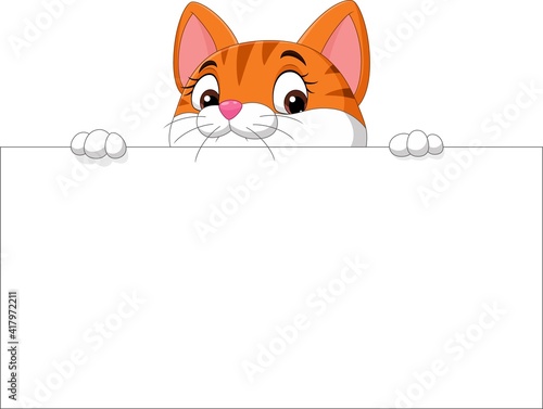 Cartoon cute kitten with blank sign