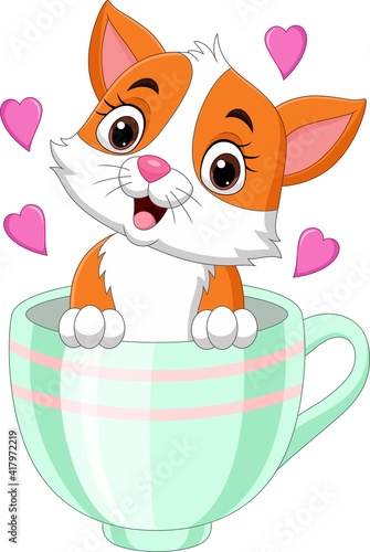 Cartoon cute kitten sitting in a cup with pink hearts