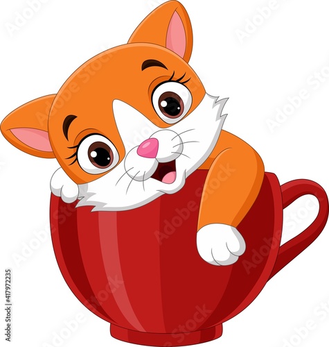 Cartoon cute kitten sitting in red cup