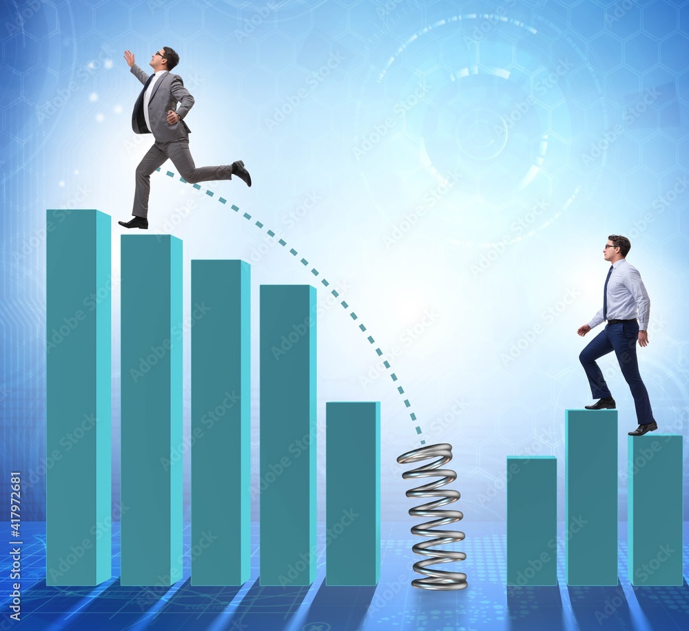 Business people jumping over bar charts Business people jumping over bar charts