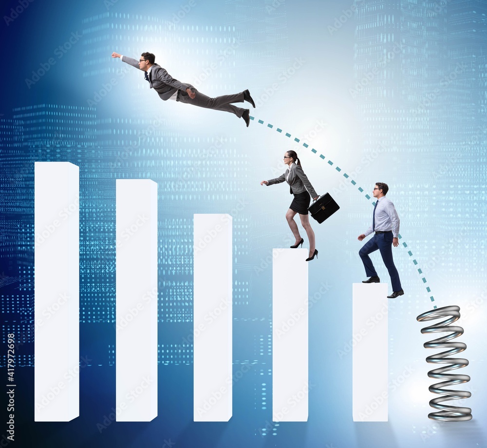 Business people jumping over bar charts Business people jumping over bar charts