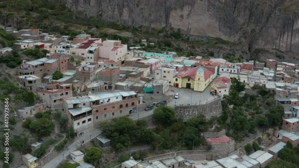 Aerial - small town of Iruya, Andes mountains, Argentina, wide lowering shot Aerial - small town of Iruya, Andes mountains, Argentina, wide lowering shot