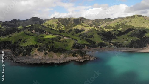 Birds eye view of Coromandel peninsula. Travel spot on New Zealand coast. photo