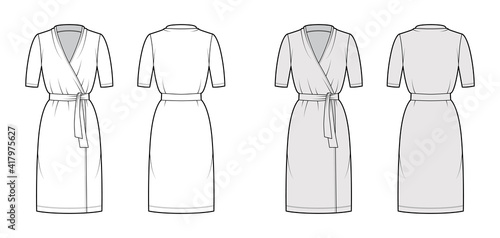 Wrap dress technical fashion illustration with deep V-neck, short sleeves, oversized, knee length, pencil cut, tie. Flat apparel template front, back, white, grey color. Women, men unisex CAD mockup