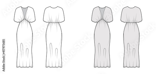 Kaftan dress technical fashion illustration with deep V-neck, batwing sleeves, oversized, midi floor length, pencil cut. Flat apparel template front, back, white grey color style. Women men CAD mockup