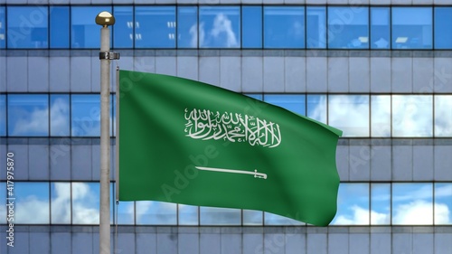 3D illustration Kingdom Saudi Arabia flag waved in modern city. Tower KSA banner