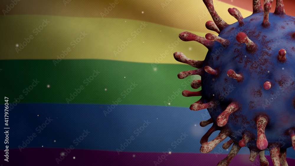 3D illustration Pride gay flag waving with Coronavirus. Covid 19 LGBT rainbow
