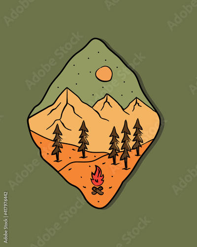 mountain and tree camping nature adventure in the night wild line badge patch pin graphic illustration vector art t-shirt design