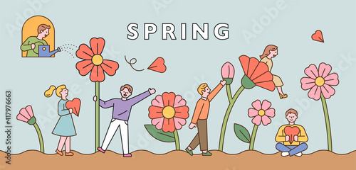 People walking through a large flower garden. Horizontal banner template. flat design style minimal vector illustration.