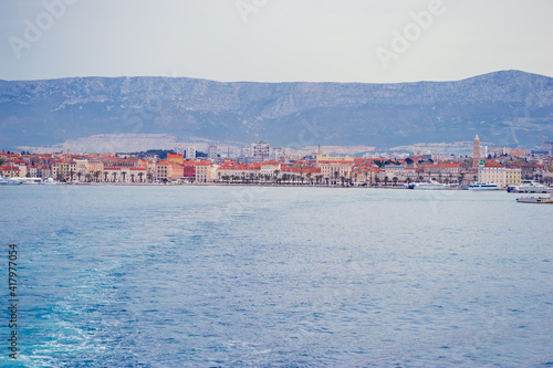 Travel by Croatia. Beautiful landscape with Split Old Town on sea shore.