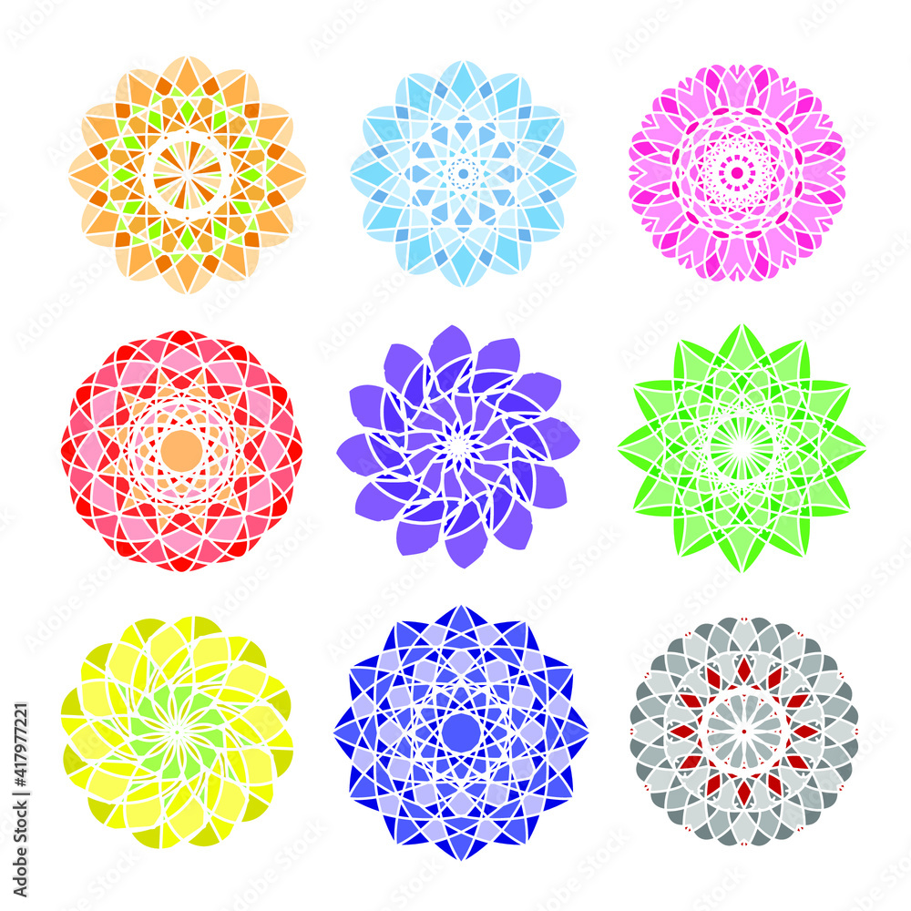 Vector multicolored  round geometric floral patterns on a white background