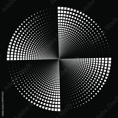 White vector radial square halftone dots. Geometric art. Trendy design element for frame, logo, blackout tattoo, sign, symbol, web pages, prints, posters, template, pattern and abstract background