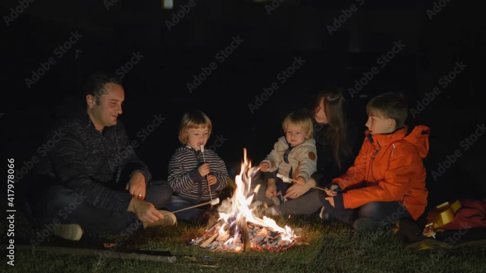 family with marshmallows at campfire, sweet, happy night family with marshmallows at campfire, sweet, happy night
