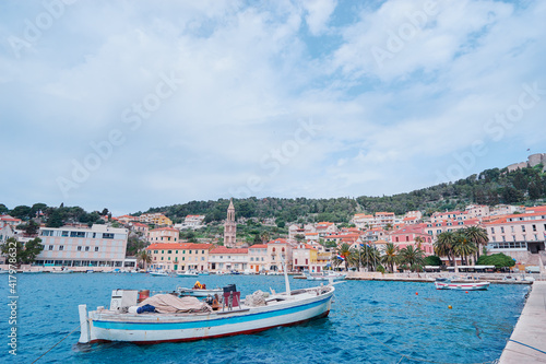 Hvar Old Town Promenade. Sea coast in Dalmatia,Croatia. A famous tourist destination on the Adriatic sea. © luengo_ua