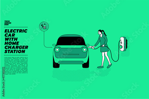 Vector illustration of young beautiful Asian woman having stop at home charging station standing near her electric car or EV car.