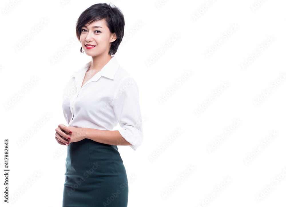 Businesswoman in white shirt smiling looking at camera. Businesswoman in white shirt smiling looking at camera.