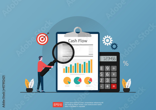 Cash flow statement concept with calculator and graph document symbol illustration.