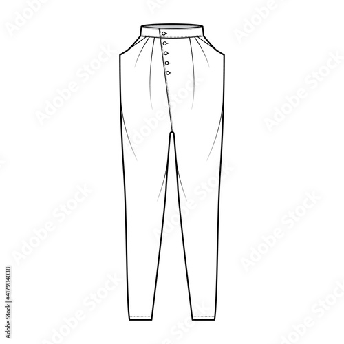 Tapered Baggy pants technical fashion illustration with normal waist, high rise, slash pockets, draping front, full lengths. Flat bottom apparel template, white color style. Women, unisex CAD mockup