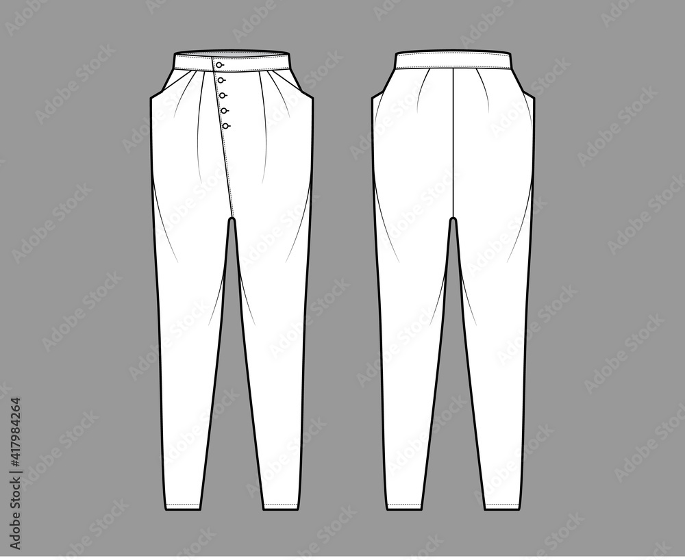 Tapered Baggy pants technical fashion illustration with low waist, rise, slash pockets, draping front, full lengths. Flat bottom apparel template back, white color style. Women, men, unisex CAD mockup Tapered Baggy pants technical fashion illustration with low waist, rise, slash pockets, draping front, full lengths. Flat bottom apparel template back, white color style. Women, men, unisex CAD mockup