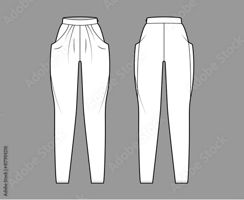 Harem pants technical fashion illustration with normal waist, high rise, slash pockets, draping front, full lengths. Flat bottom apparel template back, white color style. Women, men, unisex CAD mockup