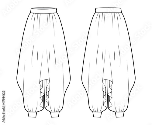 Pants sarouel technical fashion illustration with normal draped waist, high rise, pleats, wide legs, full length, oversized. Flat apparel template front, back, white color. Women men unisex CAD mockup