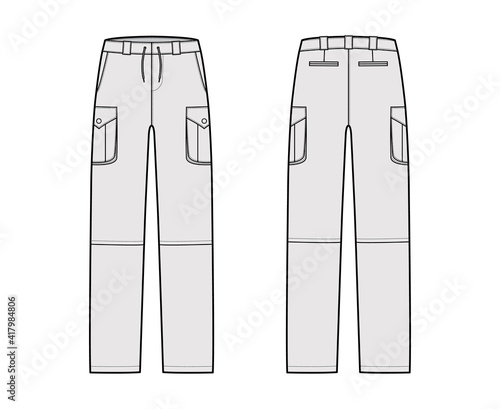 Zip-off convertible pants technical fashion illustration with low waist, high rise, box pleated cargo jetted pockets, belt loops. Flat template front back, grey color style. Women, men CAD mockup