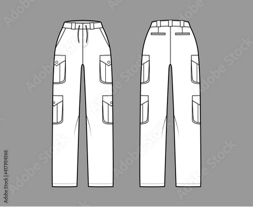 Set of cargo pants technical fashion illustration with normal waist, high rise, pockets, belt loops, full lengths. Flat bottom apparel template front back, white color. Women, men, unisex CAD mockup