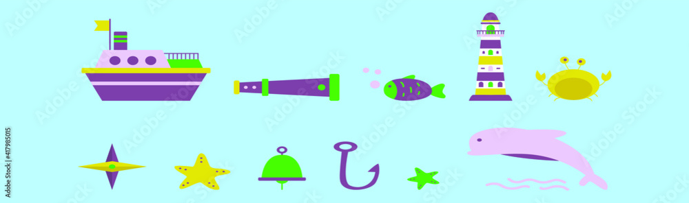set of nautical cartoon icon design template with various models. vector illustration isolated on blue background