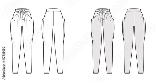 Harem pants technical fashion illustration with bow, normal waist, high rise, slash pockets, draping front, full lengths. Flat bottom apparel back, white, grey color style. Women men unisex CAD mockup
