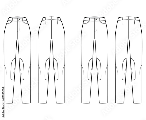Set of Jeans Kentucky Jodhpurs Denim pants technical fashion illustration with normal low waist, high rise, belt loops, full lengths. Flat template front back, white color style. Women, men CAD mockup